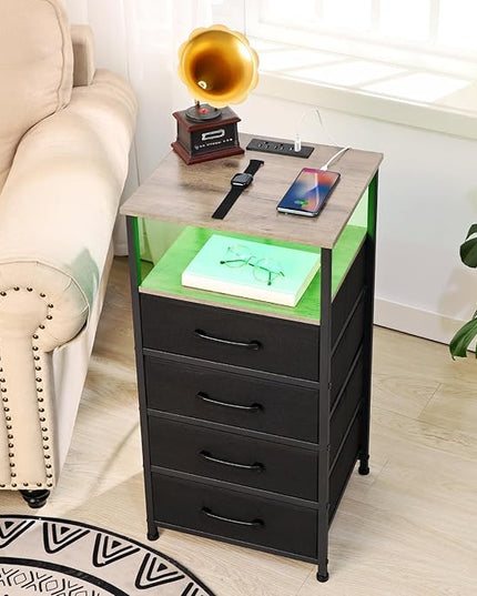 Nightstands Set of 2, Large End Tables Living Room, Bed Side Tables with Charging Station, 30" Tall Night Stand with 4 Fabric Drawers and LED Light Strip for Bedroom HNS014GY - LeafyLoom