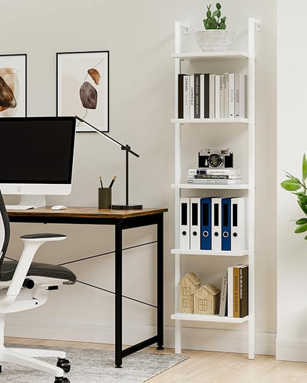 NUMENN Industrial Ladder Shelf, 5 Tier Book Shelf, Open Space Wall Mount Bookshelf with Metal Frame, Sturdy Book Shelves, Bookcase for Living Room, Home Office, White - LeafyLoom