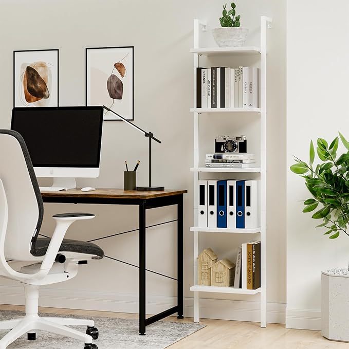 NUMENN Industrial Ladder Shelf, 5 Tier Book Shelf, Open Space Wall Mount Bookshelf with Metal Frame, Sturdy Book Shelves, Bookcase for Living Room, Home Office, White - LeafyLoom