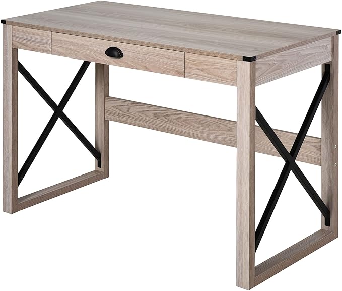HOMCOM 44 inch Home Office Computer Desk, Rustic Writing Desk, Farmhouse Workstation with Storage Drawer, X-Frame - LeafyLoom