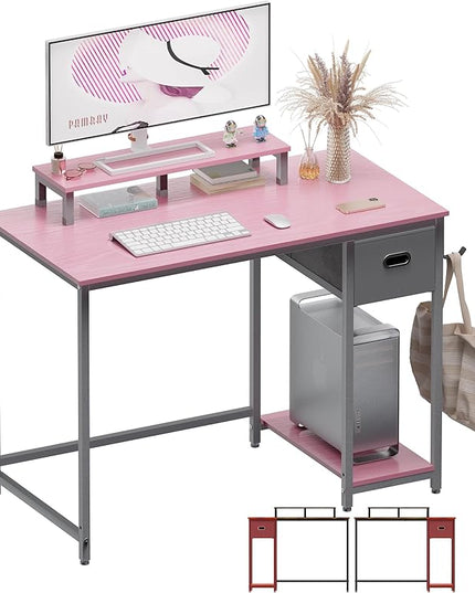 Pamray 39 Inch Computer Desk with Monitor Stand Small Home Office Desks with Non-Woven Storage Drawer for Bedroom Study Table Writing and Work Desk Pink,Gray Leg - LeafyLoom
