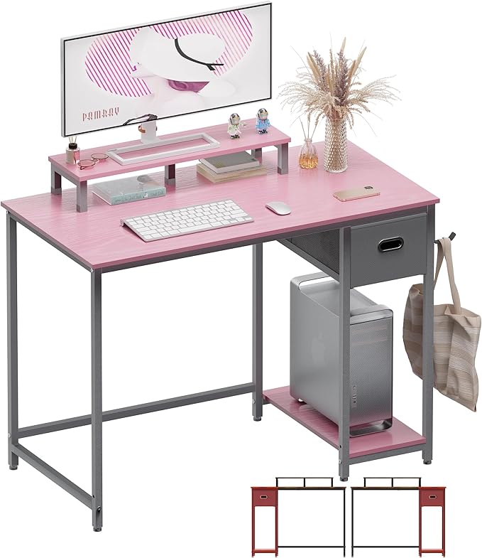 Pamray 39 Inch Computer Desk with Monitor Stand Small Home Office Desks with Non-Woven Storage Drawer for Bedroom Study Table Writing and Work Desk Pink,Gray Leg - LeafyLoom
