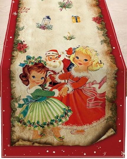 Vintage Christmas Table Runner Christmas Decorations - Red Vintage Style Santa Claus Girls Merry Christmas Winter Xmas Home Kitchen Dining Table Decor, Christmas Party Decorations 13 x 120 Inch Racenaf