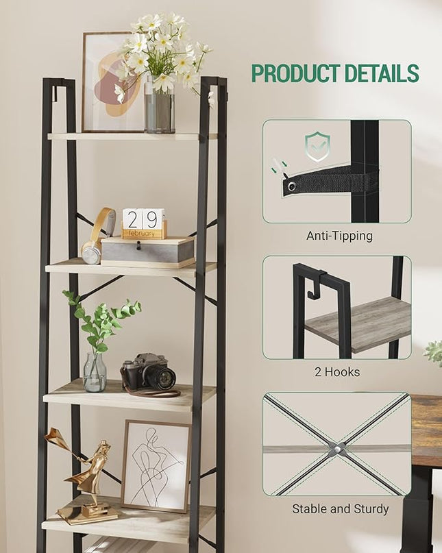 Ladder Shelf, Bookshelf Bookcase, Freestanding Corner Storage Shelve with 2 Hooks for Home Office, Living Room, Kitchen, Bedroom, Industrial, 5-Tier Greige BC19205B - LeafyLoom