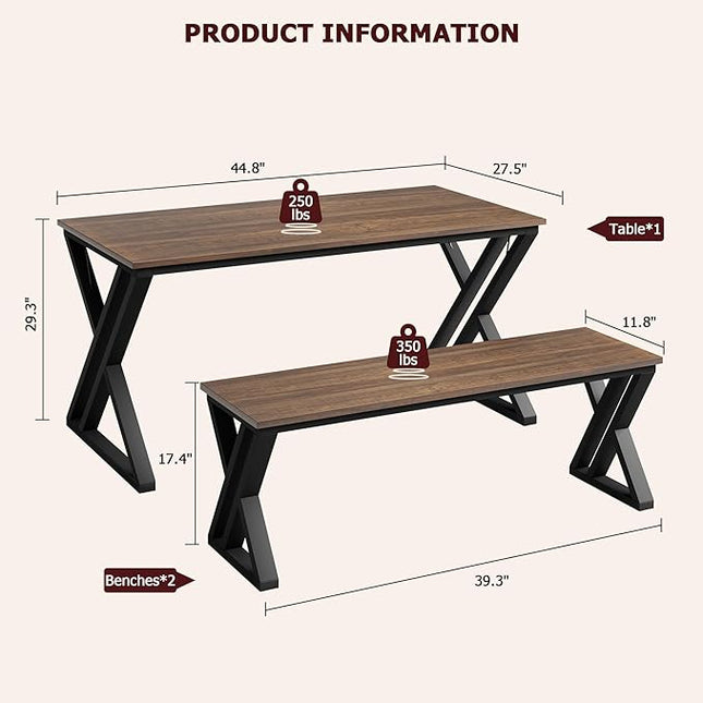 IDEALHOUSE Kitchen Table with Benches, Dining Table Benches Set for 4, Rectangular Kitchen Table Set with Sturdy Metal Frame, Saving Space for Kitchen, Dining Room, Apartment, 44.8", Retro Brown - LeafyLoom