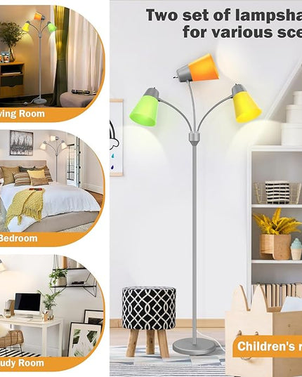 FOLKSMATE LED Floor Lamp, Medusa 3 Head Modern Adjustable Gooseneck Tall Standing Light for Living/Kids Room, Bedroom, Silver Grey - LeafyLoom