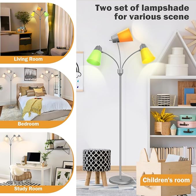 FOLKSMATE LED Floor Lamp, Medusa 3 Head Modern Adjustable Gooseneck Tall Standing Light for Living/Kids Room, Bedroom, Silver Grey - LeafyLoom