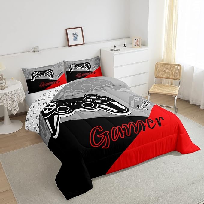 Feelyou Gamer Comforter Set for Boys Teens Gaming Bedding Set Video Game Contoller Home Decor for Kids Down Alternative Comforter Full Size 3 Pieces 1 Comforter with 2 Pillowcases - LeafyLoom