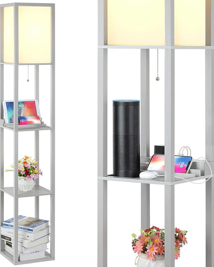 SHINE HAI LED Shelf Floor Lamp, Modern Standing Lamp with 2 USB Ports and 1 Power Outlet, 3-Tiered Display Floor Lamps with Shelves for Living Room, Bedroom and Office - Gray - LeafyLoom
