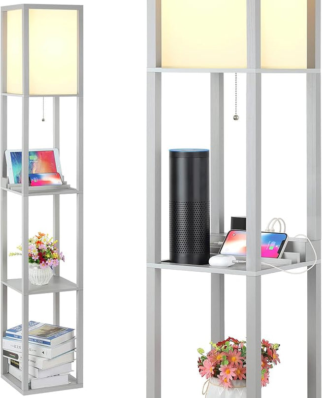 SHINE HAI LED Shelf Floor Lamp, Modern Standing Lamp with 2 USB Ports and 1 Power Outlet, 3-Tiered Display Floor Lamps with Shelves for Living Room, Bedroom and Office - Gray - LeafyLoom