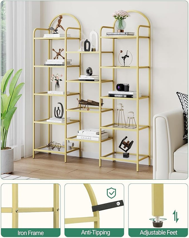 5 tier Bookcase Bookshelf, Tempered Glass Bookshelves, Triple Wide Glass Storage Rack with 14 Open Storage Spaces, Display Shelf for Living Room, Home Office, Bedroom, Gold BC50101G - LeafyLoom