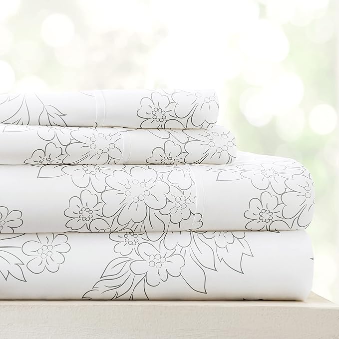 Simply Soft 4 Piece Sheet Set Vines Patterned, Queen, Vines Gray (SS-4PC-VIN-QUEEN-GR) - LeafyLoom