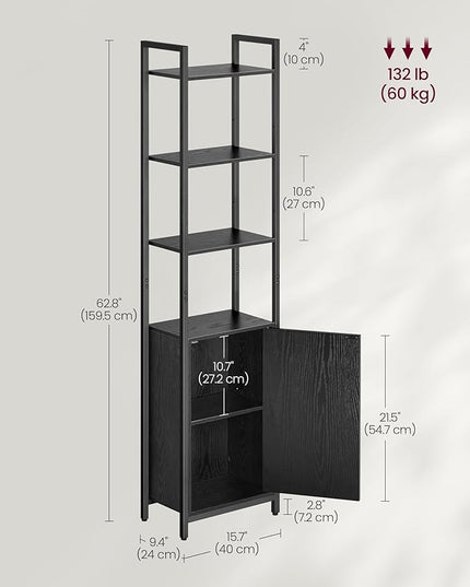 VASAGLE 6-Tier Bookshelf, Tall Bookcase with Door, Steel Frame, Adjustable Shelves, 9.4 x 15.7 x 62.8 Inches, Living Room Bedroom, Ebony Black and Ink Black ULLS132B01 - LeafyLoom