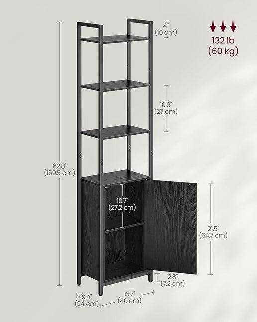 VASAGLE 6-Tier Bookshelf, Tall Bookcase with Door, Steel Frame, Adjustable Shelves, 9.4 x 15.7 x 62.8 Inches, Living Room Bedroom, Ebony Black and Ink Black ULLS132B01 - LeafyLoom