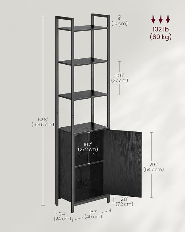 VASAGLE 6-Tier Bookshelf, Tall Bookcase with Door, Steel Frame, Adjustable Shelves, 9.4 x 15.7 x 62.8 Inches, Living Room Bedroom, Ebony Black and Ink Black ULLS132B01 - LeafyLoom