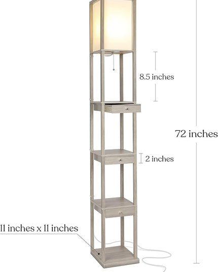 Brightech Maxwell Drawer Edition - Modern Shelf Floor Lamp with Drawer - Corner Display Floor Lamps with Shelves for Living Room, Bedroom and Office - Rustic Wood - LeafyLoom