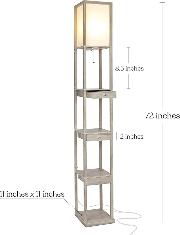 Brightech Maxwell Drawer Edition - Modern Shelf Floor Lamp with Drawer - Corner Display Floor Lamps with Shelves for Living Room, Bedroom and Office - Rustic Wood - LeafyLoom