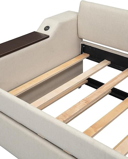 Upholstered Size Upholstery Trundle, Daybed Sofa Bed Frame with Storage Arms & USB Charging Design for Living Room Bedroom, Beige, Twin XL - LeafyLoom