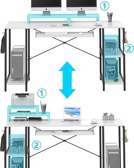 Computer Desk with Keyboard Tray, 55 Inch Music Studio Desk Music Production Desk with Storage Shelves Monitor Stands and 4 Iron Hooks, Desk Workstation Gaming Table for Home Office - LeafyLoom