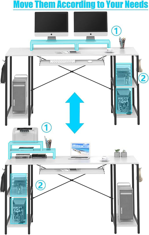 Computer Desk with Keyboard Tray, 55 Inch Music Studio Desk Music Production Desk with Storage Shelves Monitor Stands and 4 Iron Hooks, Desk Workstation Gaming Table for Home Office - LeafyLoom