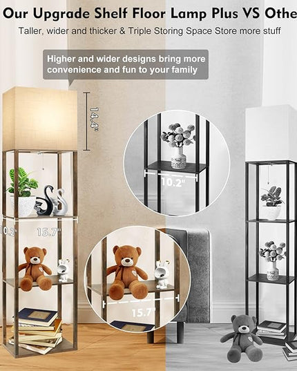 RUNTOP Plus Floor Lamp with Shelves, Modern Shelf Floor Lamp with 15W 3CCT LED Bulb and Memory Function, Wide Shelf Lamp for Display Storage, Standing Lamps for Living Room, Bedroom, Office, Corner - LeafyLoom