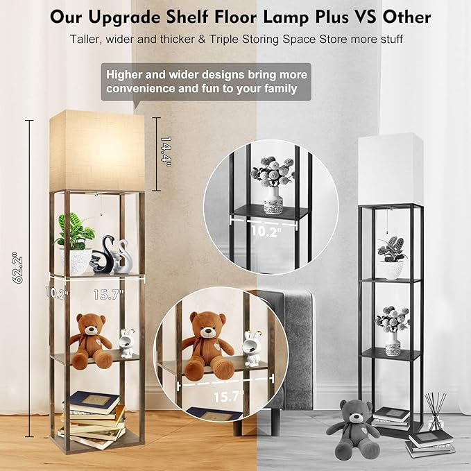 RUNTOP Plus Floor Lamp with Shelves, Modern Shelf Floor Lamp with 15W 3CCT LED Bulb and Memory Function, Wide Shelf Lamp for Display Storage, Standing Lamps for Living Room, Bedroom, Office, Corner - LeafyLoom