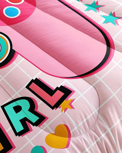 Datura home Bedding Comforter Set Pink Gamepad Printed Pattern Quilt with 1 and 2 Pillowcases for Girls Bedroom All Season(Pink Queen) Queen 90x90inches - LeafyLoom