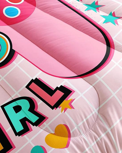 Datura home Bedding Comforter Set Pink Gamepad Printed Pattern Quilt with 1 and 2 Pillowcases for Girls Bedroom All Season(Pink Full) Full 80x90inches - LeafyLoom