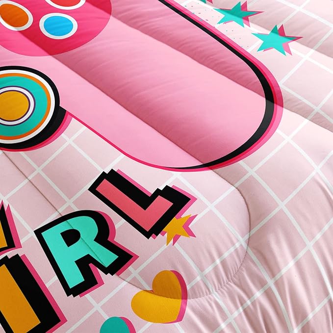 Datura home Bedding Comforter Set Pink Gamepad Printed Pattern Quilt with 1 and 2 Pillowcases for Girls Bedroom All Season(Pink Full) Full 80x90inches - LeafyLoom