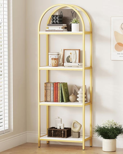 Yusong Bookshelf 4 Tier Arched Bookcase, 71.3" Tall Industrial Open Book Shelves for Living Room, Modern Freestanding Display Shelving Storage Rack Metal Frame, Office, Bedroom,Gold White - LeafyLoom