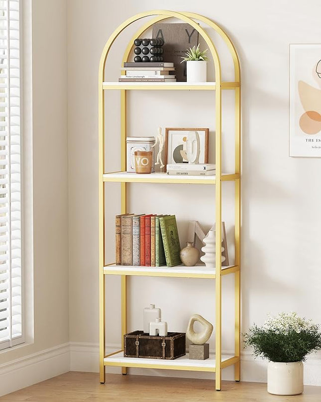 Yusong Bookshelf 4 Tier Arched Bookcase, 71.3" Tall Industrial Open Book Shelves for Living Room, Modern Freestanding Display Shelving Storage Rack Metal Frame, Office, Bedroom,Gold White - LeafyLoom