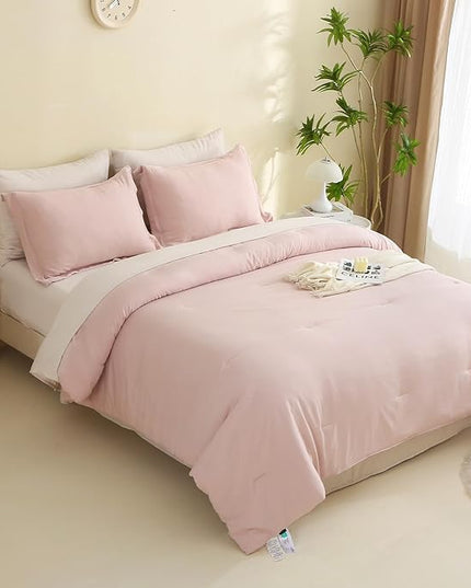 MILDLY Queen Comforter Set 7 Piece Color Clash, Pink Bed in a Bag, All Season Bedding Sets with 1 Comforter, 2 Pillow Shams, 2 Pillowcases, 1 Flat Sheet, 1 Fitted Sheet - LeafyLoom