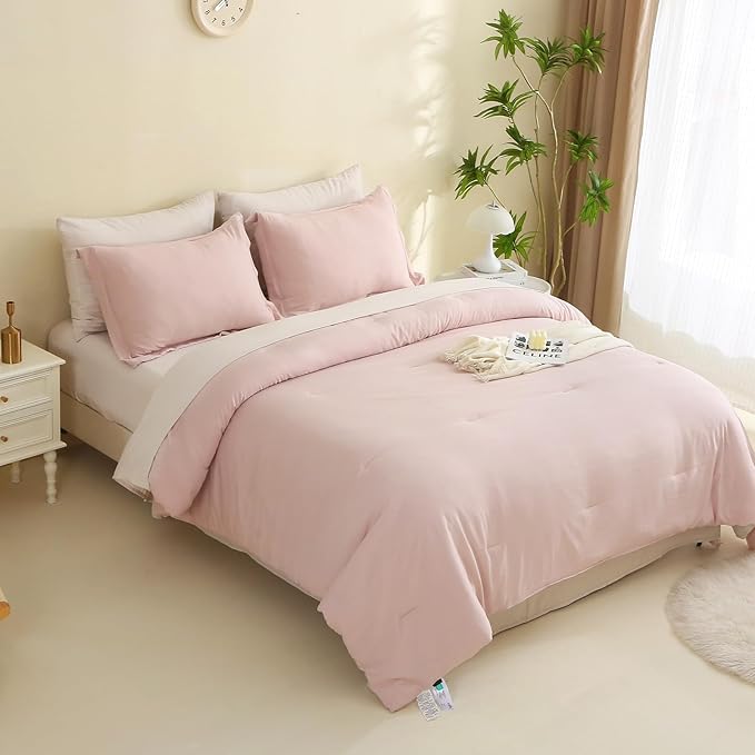 MILDLY Queen Comforter Set 7 Piece Color Clash, Pink Bed in a Bag, All Season Bedding Sets with 1 Comforter, 2 Pillow Shams, 2 Pillowcases, 1 Flat Sheet, 1 Fitted Sheet - LeafyLoom