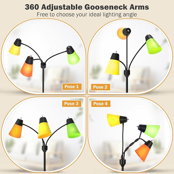 FOLKSMATE 3-Light Floor Lamp, LED Medusa Muiti-Head Adjustable Arc Standing Lamp, Gooseneck Tree Tall Light for Living Room, Kid Room, Bedroom, Black - LeafyLoom