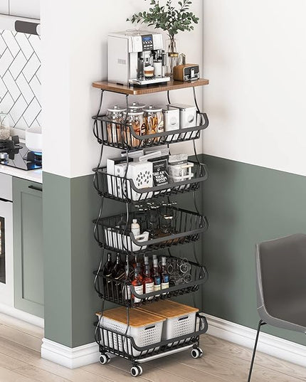 Wisdom Star 6 Tier Fruit Vegetable Basket for Kitchen with Wooden Tabletop, Storage Cart Vegetable Basket Bins for Onions and Potatoes, Wire Storage Basket Organizer Utility Cart with Wheels, Black - LeafyLoom