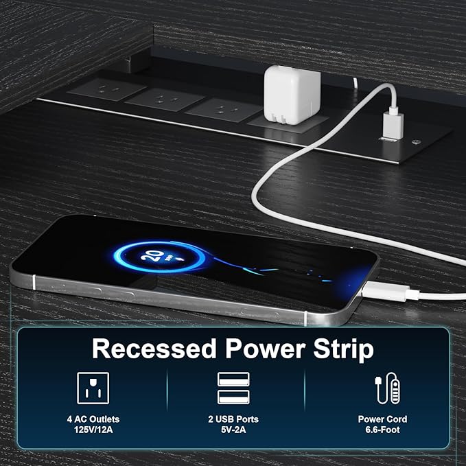 L Shaped Gaming Desk with Power Outlets & LED Lights, Computer Desk with Monitor Stand & Storage Shelf, Home Office Desk Corner Desk with Hooks, Easy to Assemble, Black - LeafyLoom