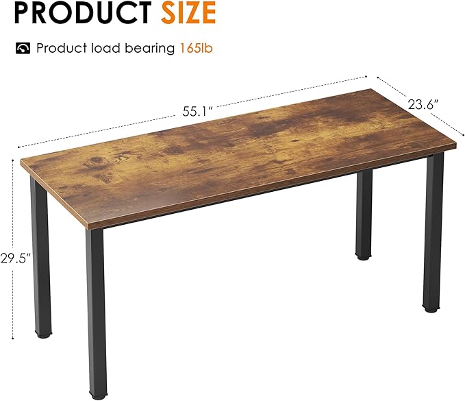 Need 55 Inch Large Computer Desk - Modern Simple Style Home Office Gaming Desk, Basic Writing Table for Study Student, Black Metal Frame, Rustic Brown - LeafyLoom