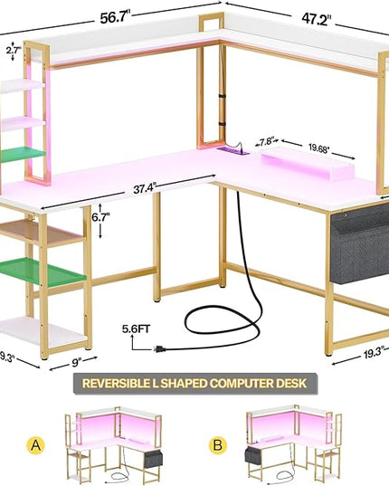 Aheaplus L Shaped Desk with Power Outlet, L Shaped Gaming Desk with Led Light & Hutch, Reversible Home Office Desk, Corner Computer Desk Writing Desk with Monitor Stand & Storage Shelf, White+Gold - LeafyLoom