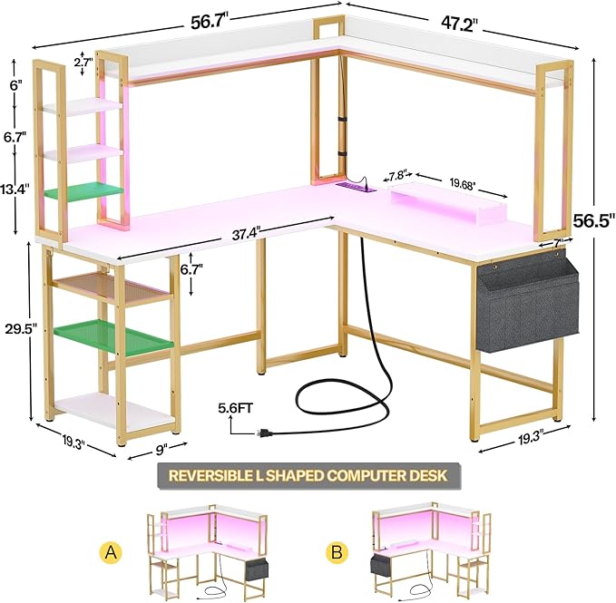 Aheaplus L Shaped Desk with Power Outlet, L Shaped Gaming Desk with Led Light & Hutch, Reversible Home Office Desk, Corner Computer Desk Writing Desk with Monitor Stand & Storage Shelf, White+Gold - LeafyLoom