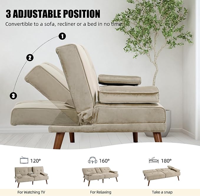 Shintenchi Futon Sofa Bed, Convertible Couch Bed Loveseat, Modern Futon Recliner Sleeper, Small Lazy Futon Set for Living Room, Office, Apartment, Beige - LeafyLoom