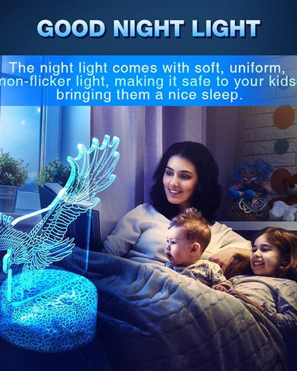 LETOUR Night Light for Kids Eagle 3D Night Light Porpoise Illusion Lamp with Remote Control 16 Color Changing Xmas Halloween Birthday Gift for Child Baby Boy (Remote - Ice Crack Base) - LeafyLoom