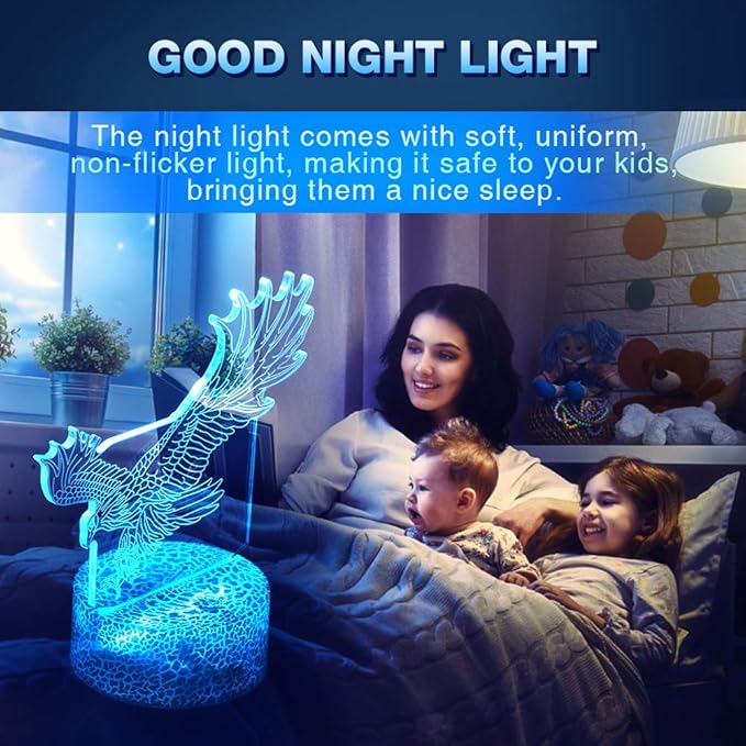LETOUR Night Light for Kids Eagle 3D Night Light Porpoise Illusion Lamp with Remote Control 16 Color Changing Xmas Halloween Birthday Gift for Child Baby Boy (Remote - Ice Crack Base) - LeafyLoom