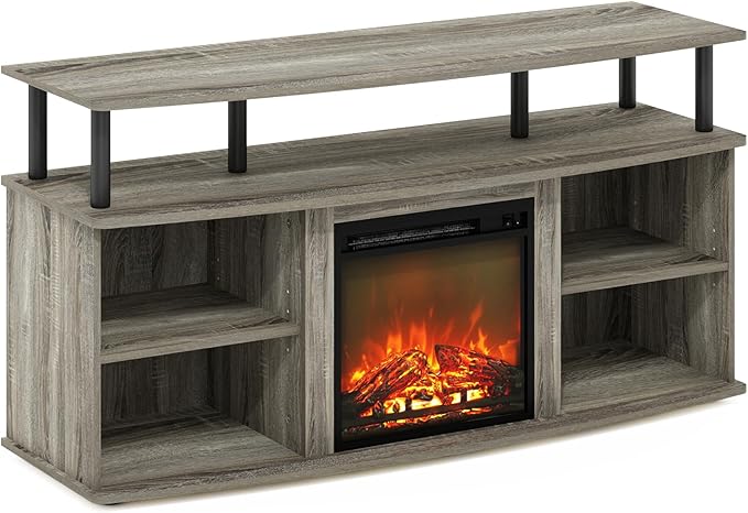 Furinno Jensen Open Shelving Storage Fireplace TV Entertainment Center for TV up to 55 Inch, French Oak Grey/Black - LeafyLoom