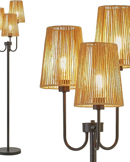 RORIANO Boho Floor Lamp for Living Room, 3-Light Rotary Switch Farmhouse Standing Bedroom Lamp with Rattan Shade, Tall Floor Lamps for Rustic, Coastal, Beach or Bohemian Decor, 3 LED Bulbs Included - LeafyLoom