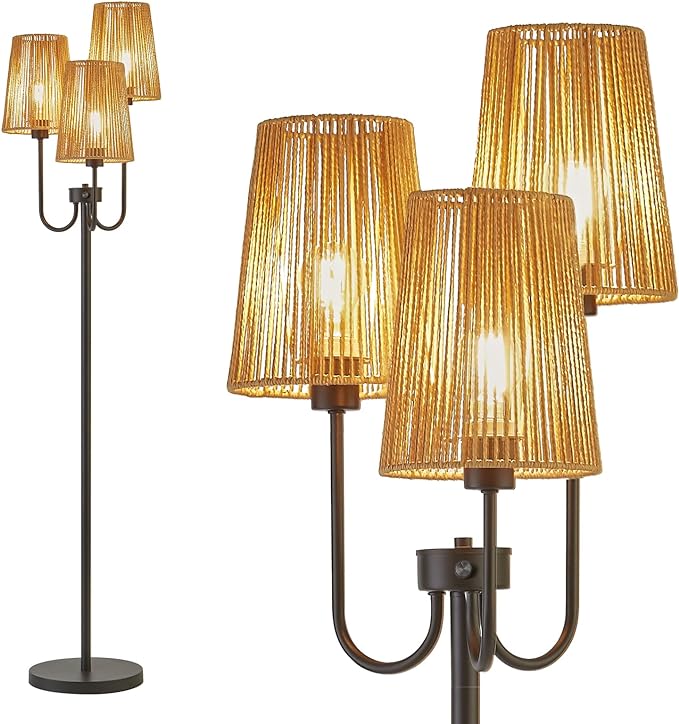 RORIANO Boho Floor Lamp for Living Room, 3-Light Rotary Switch Farmhouse Standing Bedroom Lamp with Rattan Shade, Tall Floor Lamps for Rustic, Coastal, Beach or Bohemian Decor, 3 LED Bulbs Included - LeafyLoom