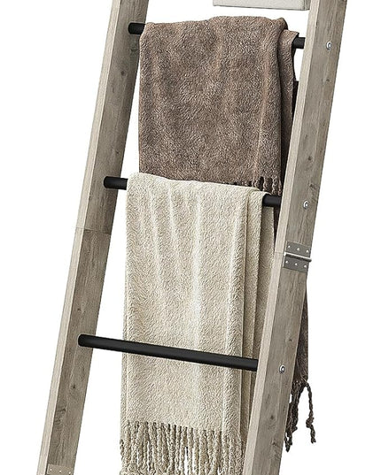 Blanket Ladder Shelf for Living Room, Decorative Wood Quilt Rack with 4 Removable Hooks, 5-Tier Farmhouse Ladder Holder Organizer for Bedroom, Greige and Black BR02105B - LeafyLoom