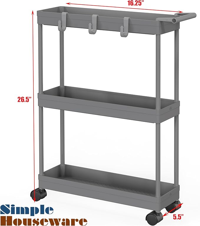 Simple Houseware Kitchen Cart Storage 3-Tier Slim/Super Narrow Shelves with Handle, 26.5'' Height/5.5'' Width for Narrow Place, Grey - LeafyLoom