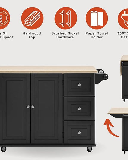 Homestyles Dolly Madison Kitchen Cart with Wood Top and Drop Leaf Breakfast Bar, Rolling Mobile Kitchen Island with Storage and Towel Rack, 54 Inch Width, Black - LeafyLoom