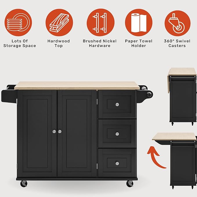 Homestyles Dolly Madison Kitchen Cart with Wood Top and Drop Leaf Breakfast Bar, Rolling Mobile Kitchen Island with Storage and Towel Rack, 54 Inch Width, Black - LeafyLoom