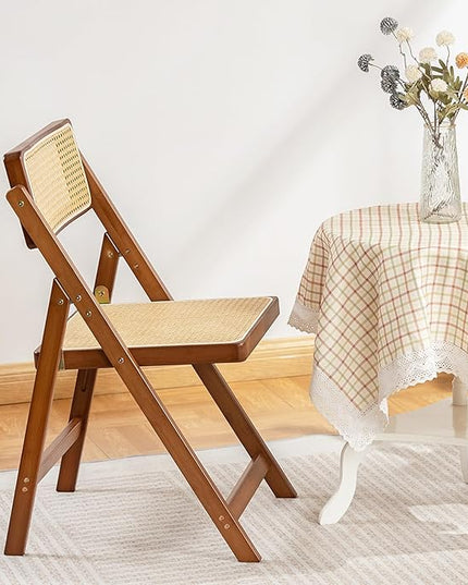 Rattan Folding Chair, Modern Mid Century Dining Chairs Set of 1, Comfy Outdoor Bamboo Chairs for Bedroom Living Room Reading Room Dining Kitchen, Walnut - LeafyLoom